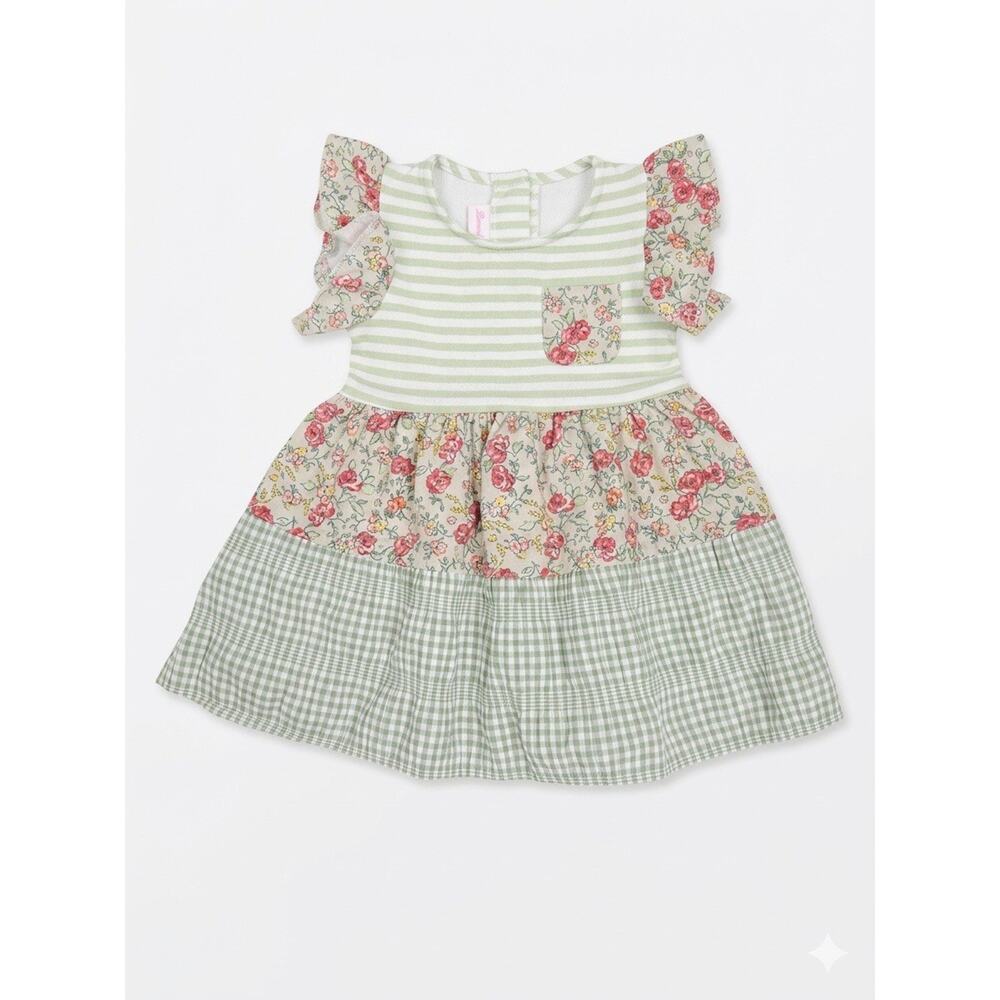 Bonnie Jean Toddler 3T Dress Ruffle Sleeve Green Floral Gingham Easter Spring